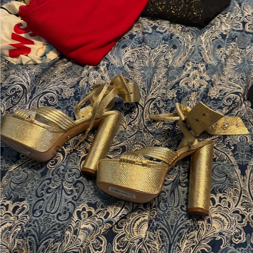 Gold Platform Block Heel Sandals with Ankle Tie
